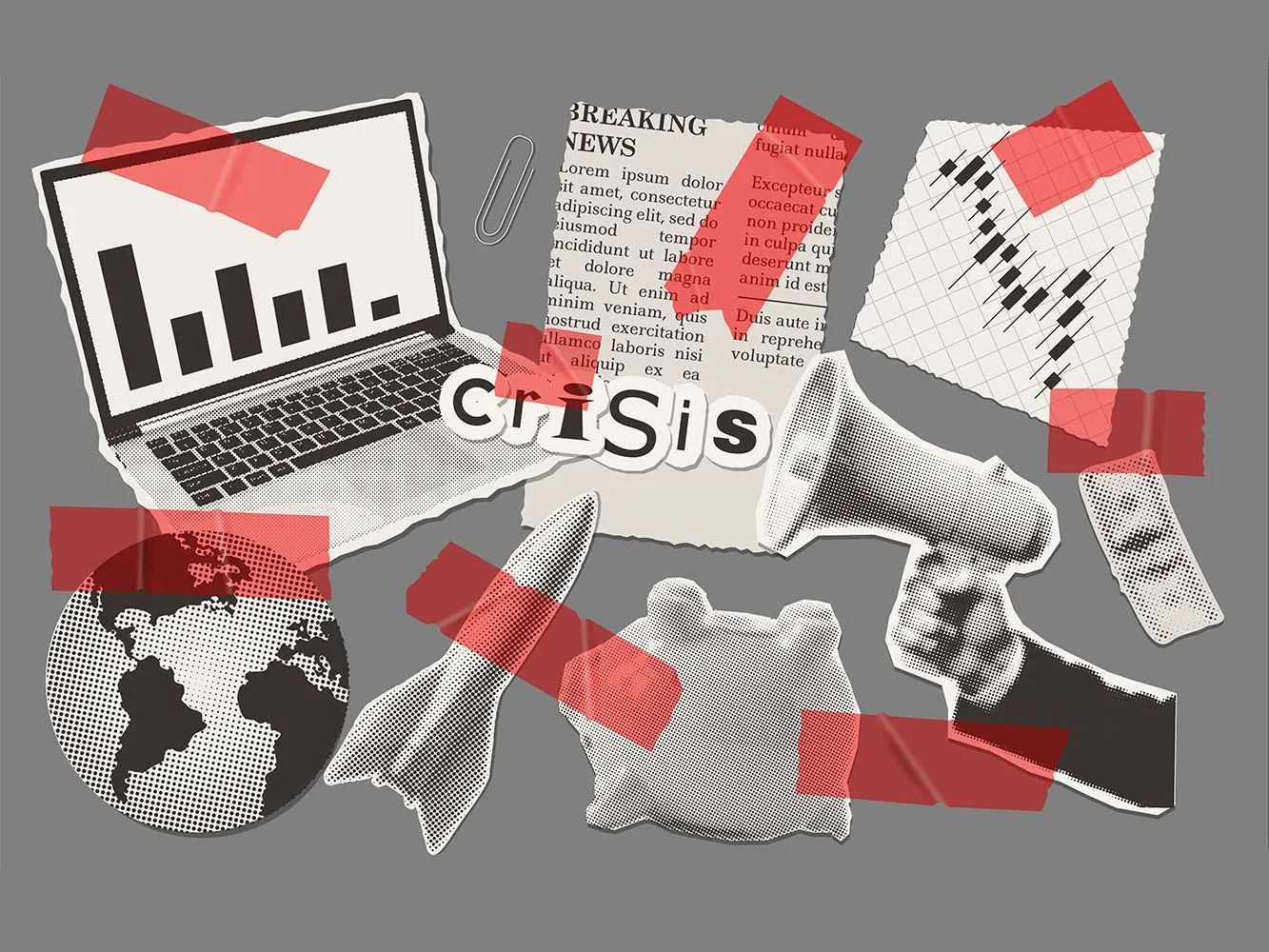Illustration of crisis communications details - a laptop, globe, missile, piggy bank, hand with megaphone, cash, trend graph and news clipping with 'Crisis' in the centre