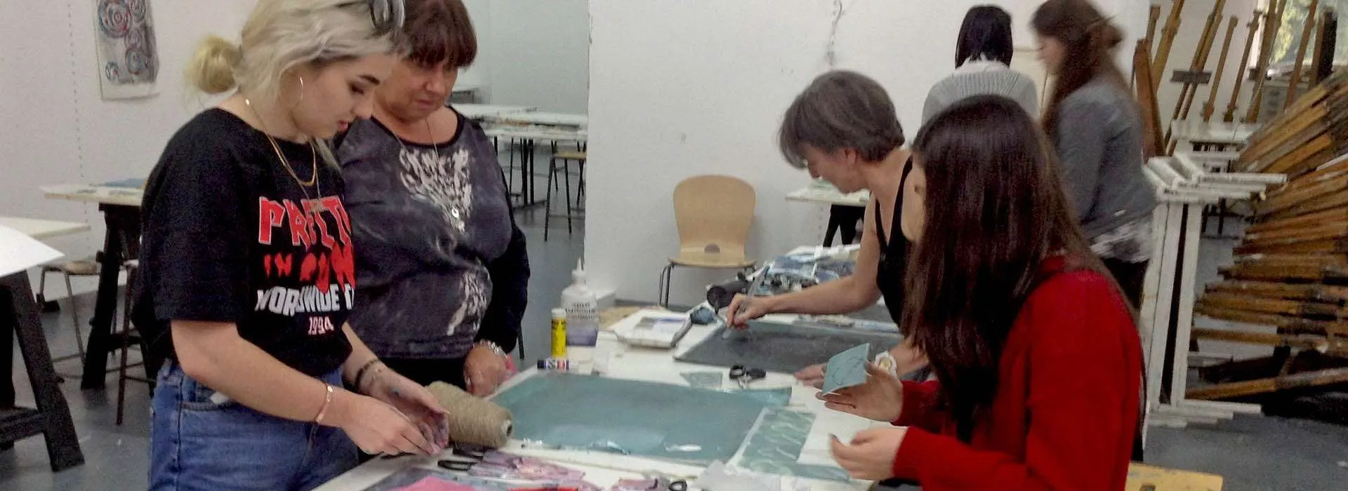 students working on art project