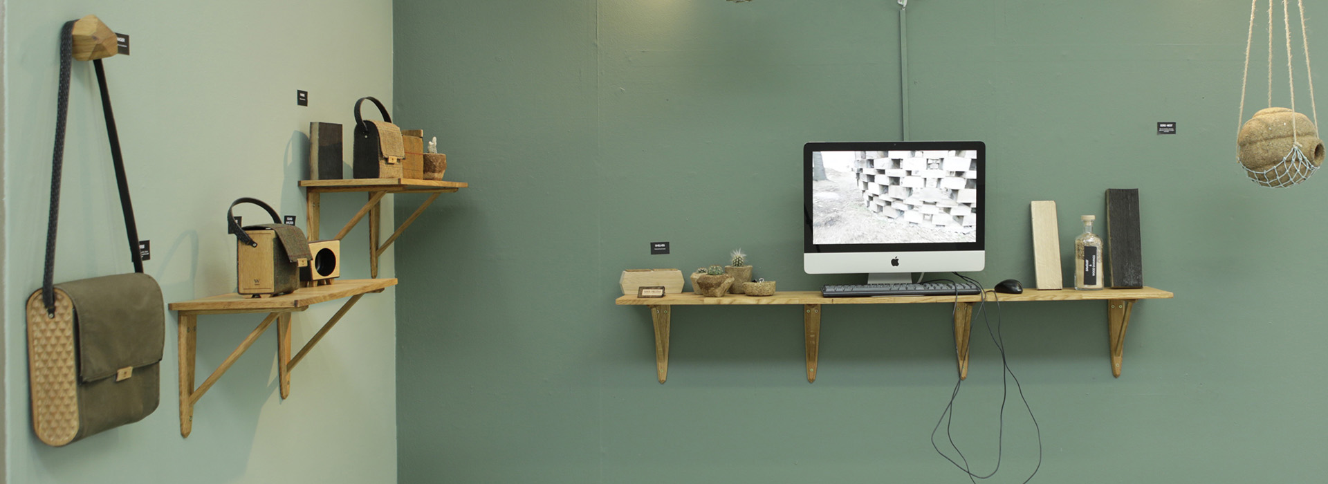 equiptment and household items on shelves in a sage green room