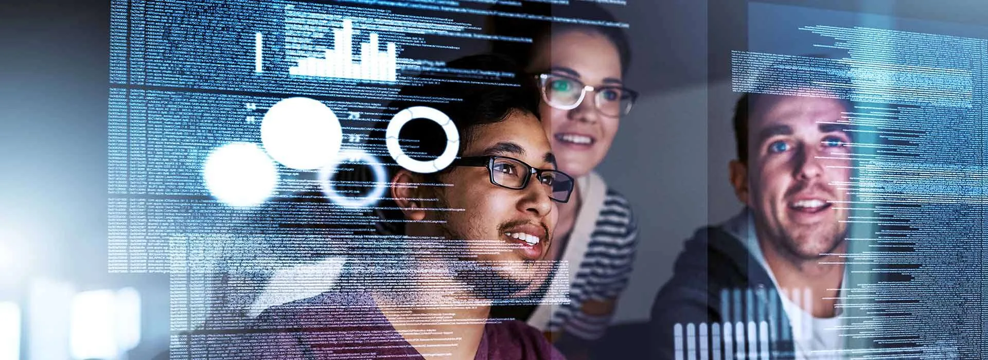 three people looking at a transparent futuristic display