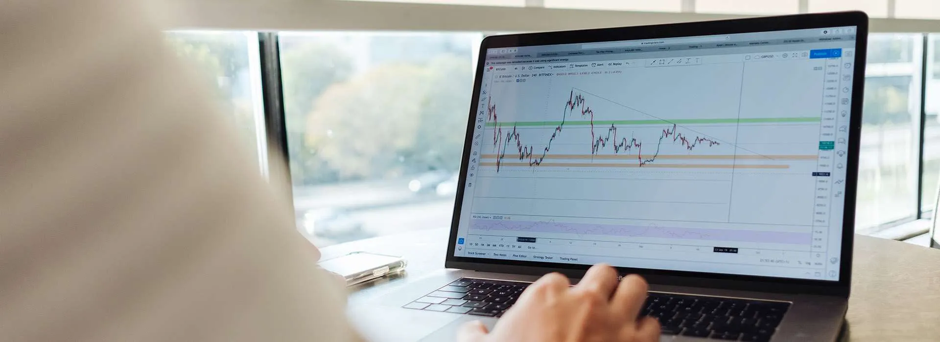 person using a laptop displaying a graph