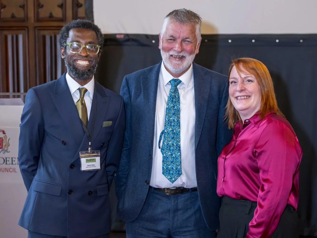 CLaRION co-directors photographed with guest speaker, Aiden O’Neill KC, inside Aberdeen Town House.