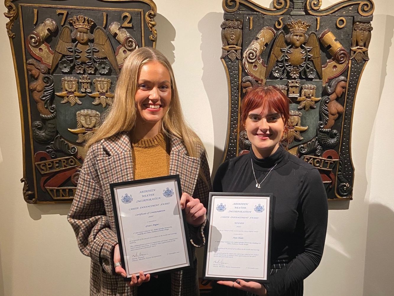 Gray's winners of the Aberdeen Weaver Incorporation Awards Career Enhancement, Anja Blake (winner) and Grace Angus (runner up)