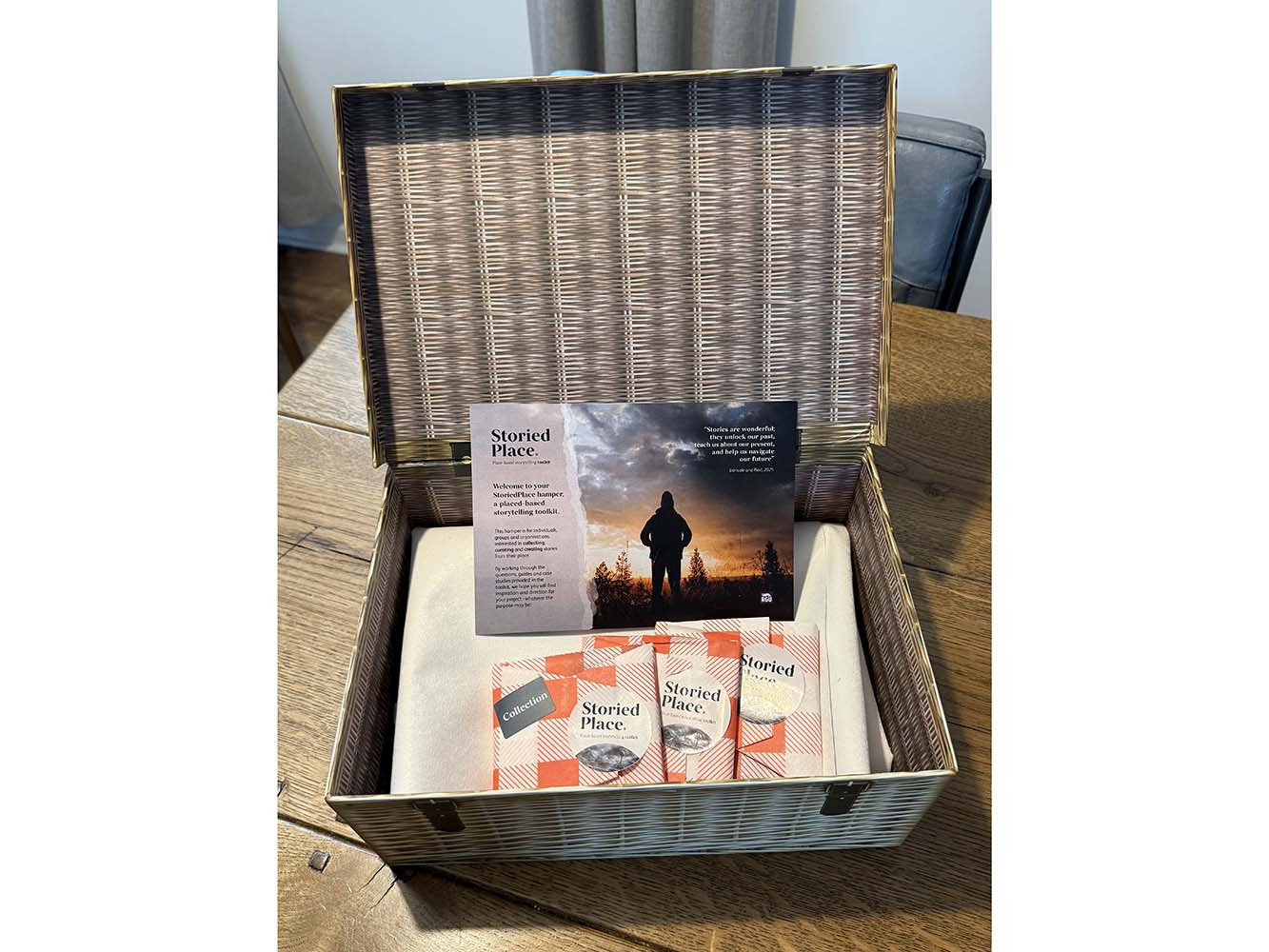 Open box that looks like a picnic hamper showing a paper insert inside and three wrapped squares that look like sandwich wrappers, with round StoriedPlace sticker on each.