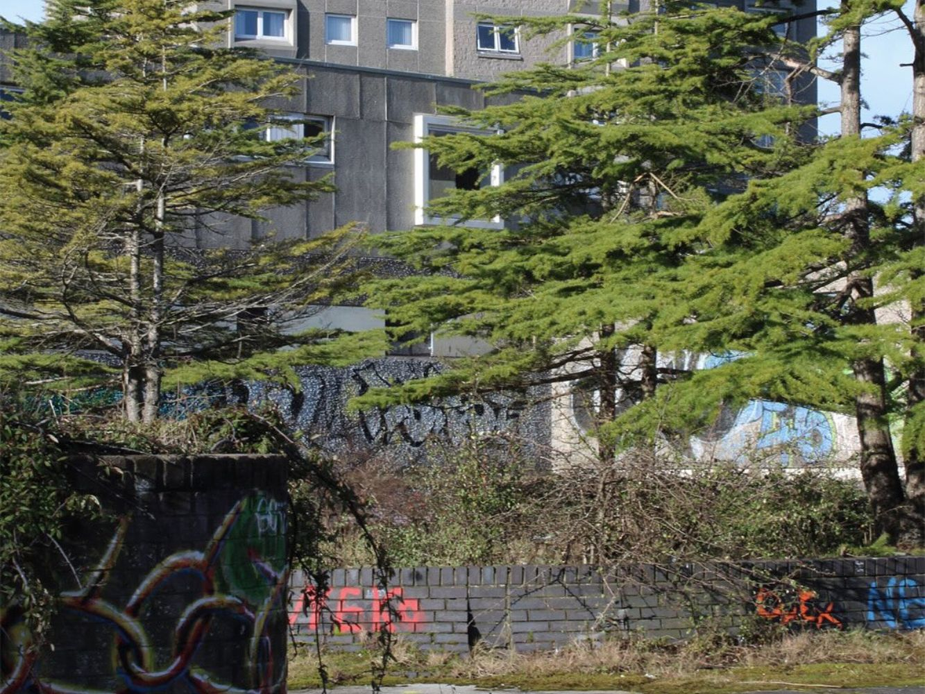 The current Upper Denburn Gardens scene shows overgrown plants, graffiti and uncared for concrete