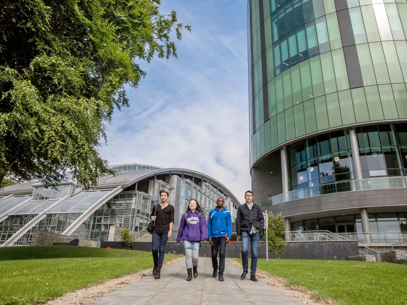 students walking outside the sir ian wood building and ishbel gordon building