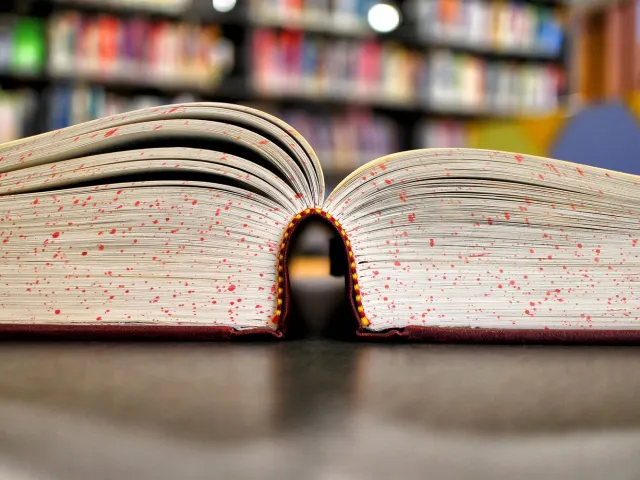 open book in front of shelves
