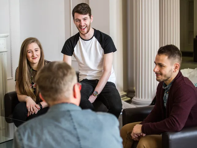 students chatting and laughing