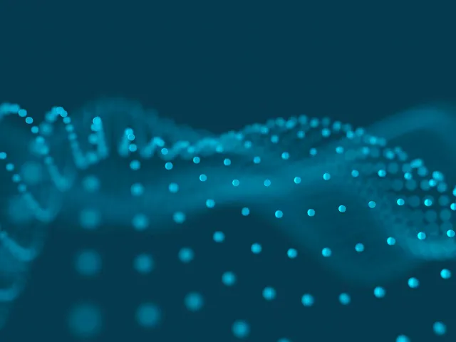 an abstract grid of blue dots in the shape of a wave