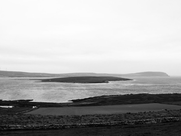 Black and white photograph of seascape in Orkney