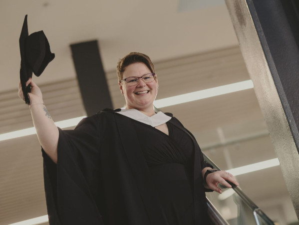 Diane Conolly Philip celebrating with her graduation hat at the Winter Graduations 2024 at the P& J Live