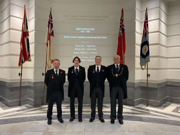 Image taken at Remembrance Sunday event at Cowdray Hall with Tailors Court members including (left to right) Ex Deacon Richard Sainsbury, Josie Steed (First Master), Alan Moir (Boxmaster), David Parkinson (Deacon)