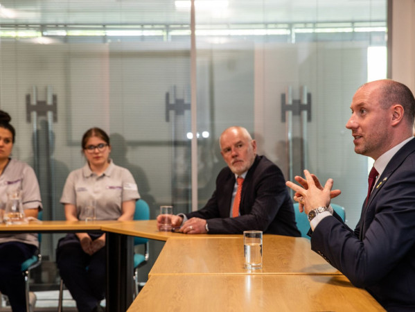 Professor Steve Olivier, Principal and Vice-Chancellor of Robert Gordon University and Neil Gray, Cabinet Secretary for Health and Social Care, speaking to RGU staff and students