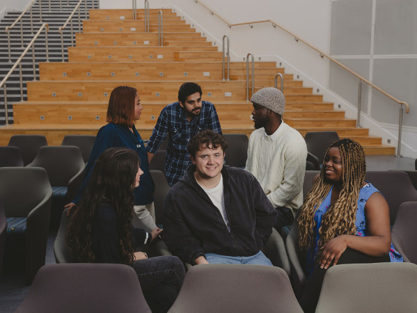 6 students sitting in Sir Ian Wood Building on RGU campus