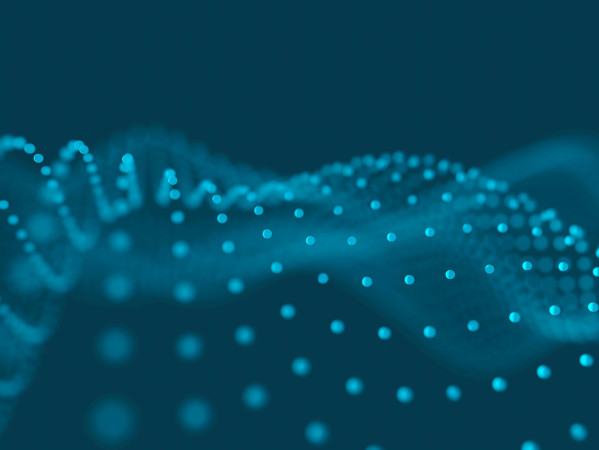 an abstract grid of blue dots in the shape of a wave