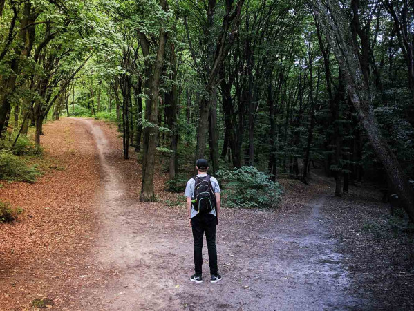 Person wearing a backpack in the woods with two paths ahead